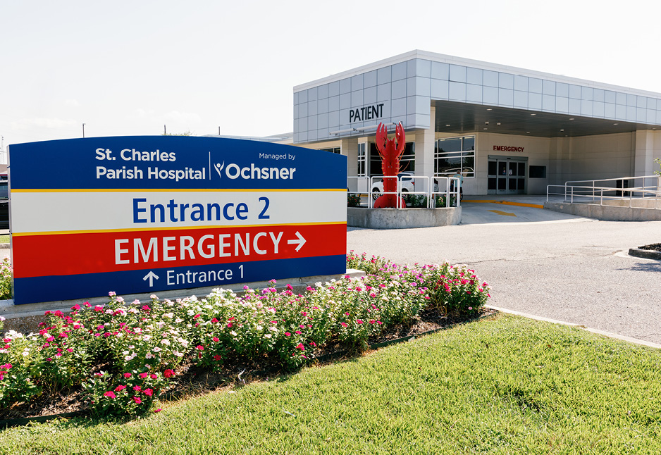 St. Charles Parish Hospital entrance with a large emergency sign
